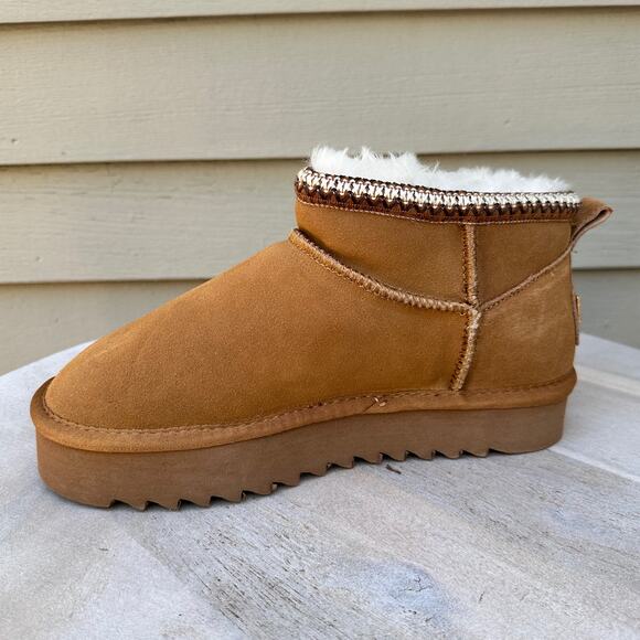 Mexx Womens Size 7.5 US Suede Shearling Boot Chestnut Fur Lined Ankle Platform - Picture 4 of 10